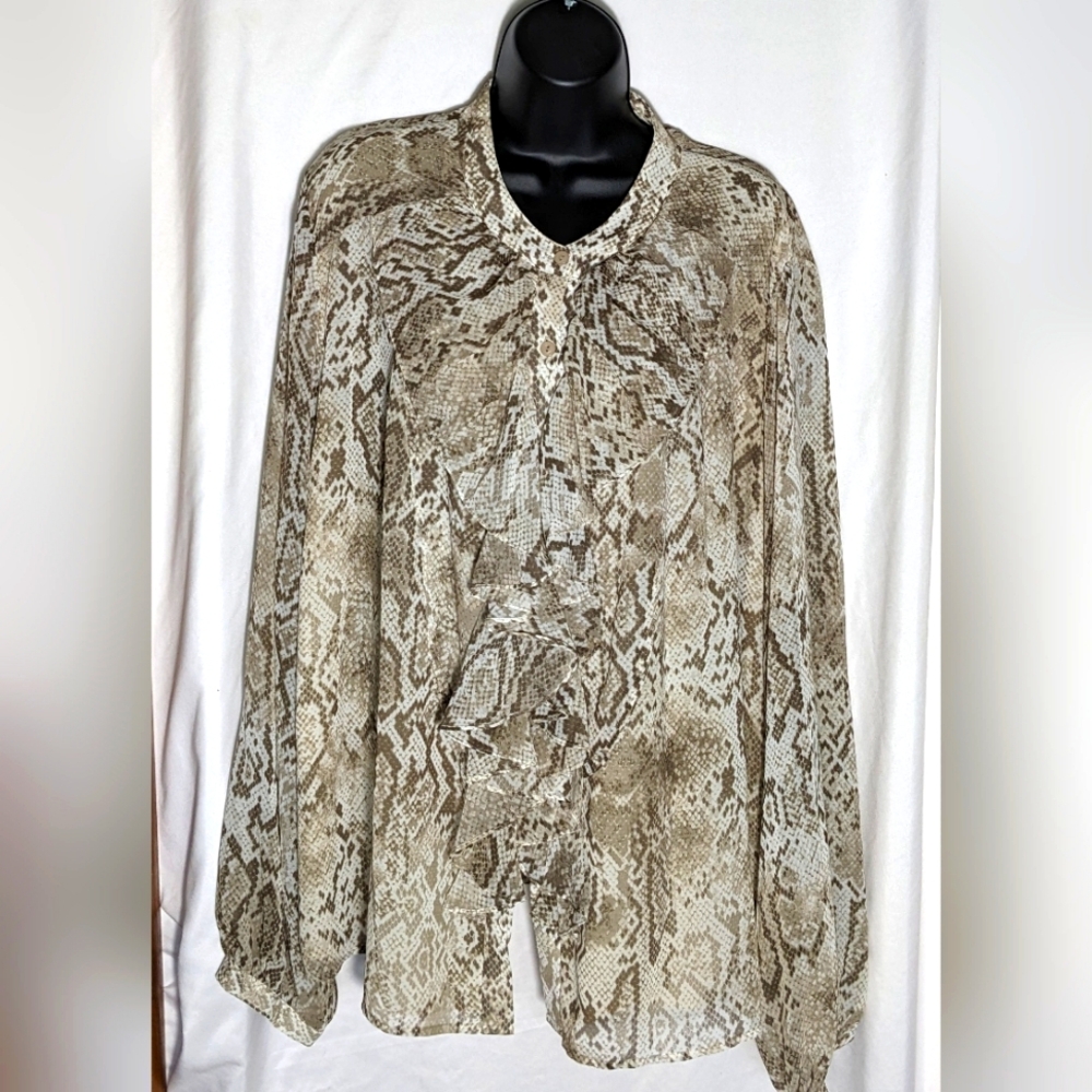Women's Jones New York Tan/Cream Snakeskin Print Ruffled‎ Blouse| size 22W